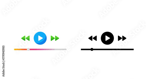 Colorful and monochrome media player controls with play pause and seek options