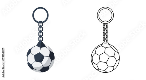 Two soccer ball keychains one colored and one line art illustration