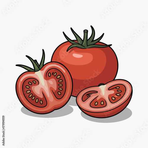 Fresh ripe tomatoes one whole and two halved on white background