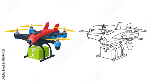 Illustration of a red and black delivery drone with a package