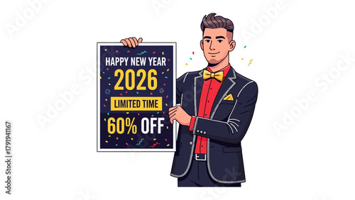 New Year 2026 Celebration with Offer: A smartly dressed man presents a banner, cheerfully announcing a Happy New Year 2026 celebration accompanied by a special offer