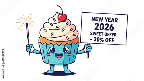Sweet Celebration: Animated cupcake with cheerful expression is holding a firework and banner offering New Year 2026, Sweet Offer -30% OFF. It's a joyful promotion for new year