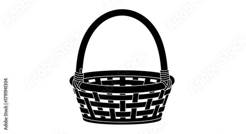 A simple black and white illustration of an empty woven basket