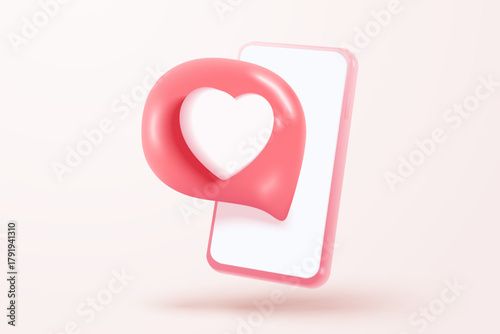 3D social media online platform concept, online social communication on applications, Photo frame with heart and love emoji icon, like and play in red bubble icons. 3d heart vector render concept