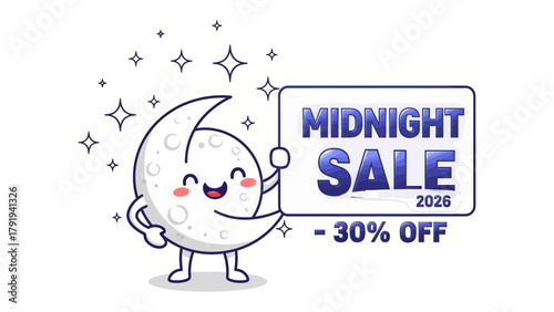 Midnight Sale 2026: A cartoon moon proudly presents a sign advertising a special midnight sale, with a generous discount available. An appealing graphic to advertise a promotion.