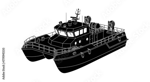 Detailed outline of a black and white catamaran workboat or tugboat design