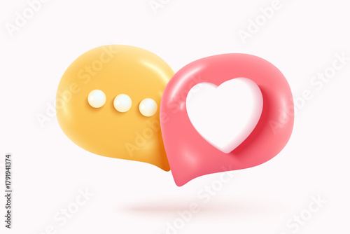 3D Social media online platform concept, online social communication on applications, Photo frame with heart and love emoji icon, like and play in red bubble 3d icons. 3d vector render concept