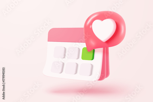 3d calendar marked date with love icon. Happy valentine day, pastel calendar with red heart for schedule appointment, event day, holiday planning concept 3d icon vector render isolated background
