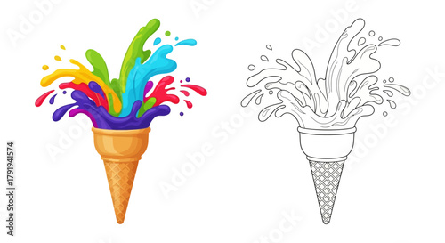 Colorful paint splash erupting from an ice cream cone and its line art version