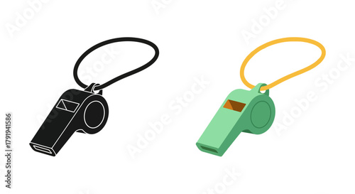 Two whistles depicted one black outline and one green with lanyard