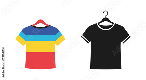 Colorful striped t shirt and a black t shirt hanging on clothes hangers