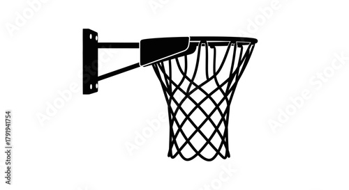 A black and white illustration depicting a basketball hoop and net