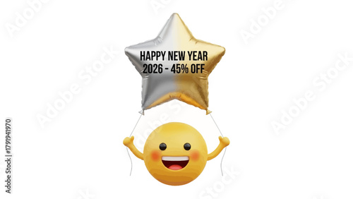 New Year 2026 Celebration with Star-Shaped Balloon: A cheerful yellow emoji triumphantly holds a gleaming star-shaped balloon with text promoting a festive New Year's offer for 2026.