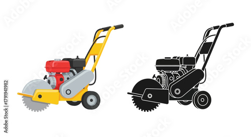 Concrete saw illustration showing color and black and white versions of the tool