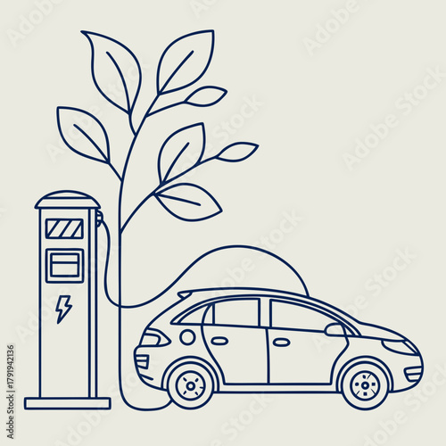 Electric car charging at station with tree growing nearby