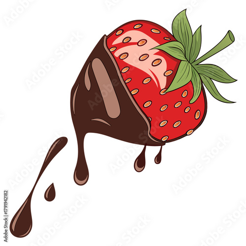 Illustration of a ripe strawberry dipped in chocolate