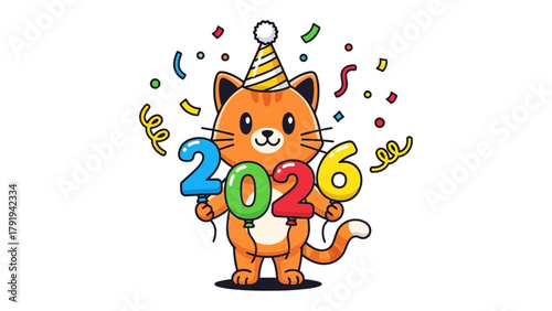 Cheerful Cat Celebrates 2026: A charming animated cat adorned with a party hat and a cascade of confetti celebrates the arrival of 2026, holding colorful balloons that form the year's number.