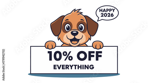 Puppy's New Year Offer: A charming cartoon puppy gleefully promotes a 10% OFF EVERYTHING sale for the upcoming new year.