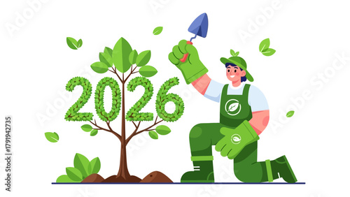 Planting Hope for the Future: A gardener diligently plants a sapling next to the '2026' made of green leaves, symbolizing a commitment to growth and environmental sustainability.