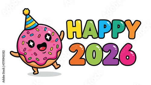 Donut Celebrating New Year: An adorable cartoon donut, adorned with a festive party hat, gleefully celebrates the arrival of 2026, radiating happiness and sweetness.