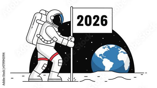 Astronaut on the Moon in 2026: An astronaut plants a flag with the year 2026 on the moon, with a glimpse of planet Earth in the background.