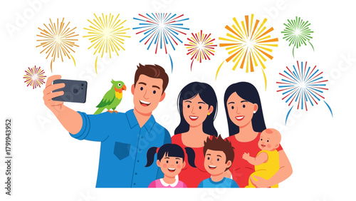Celebratory Family Selfie: A cheerful family captures a festive moment together during a fireworks display, with vibrant explosions illuminating their joyful expressions.