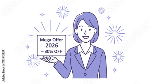 Promotional Presentation: A professional woman presents a Mega Offer sign, exuding confidence and enthusiasm, with vibrant visual effects enhancing the promotional appeal.