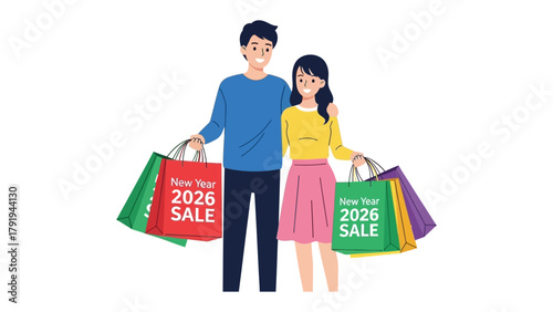 New Year Shopping Spree: A cheerful couple embarks on a shopping adventure, carrying vibrant bags emblazoned with 2026 SALE as they prepare for the festive season.