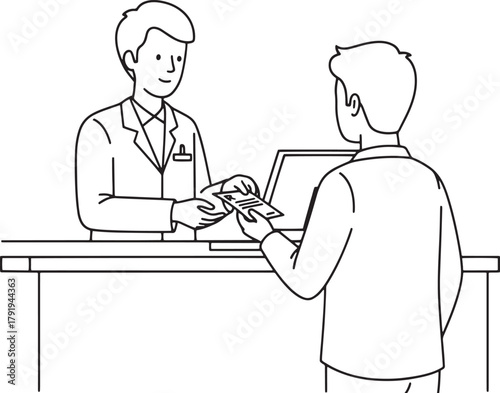 Customer Service Interaction Line Art with Clerk and Client Exchanging Document at Counter