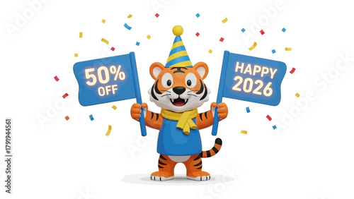 Festive Tiger with Sales Banner: A cheerful tiger mascot with a party hat and scarf holds up two banners, one promoting a 50% Off sale and the other wishing Happy 2026.
