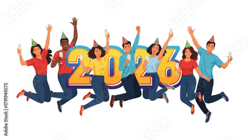 2026 Celebration: A jubilant group of individuals leaps for joy. Embracing the New Year. They raise glasses in a toast, surrounded by festive party hats and the vibrant numerals of 2026. 