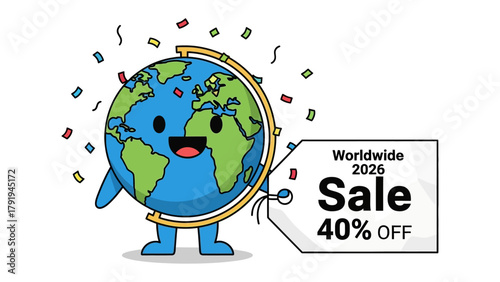 Global Sale Announcement: An Earth globe character gleefully presents a Worldwide Sale 2026 with 40% off, surrounded by celebratory confetti, suggesting global promotions.