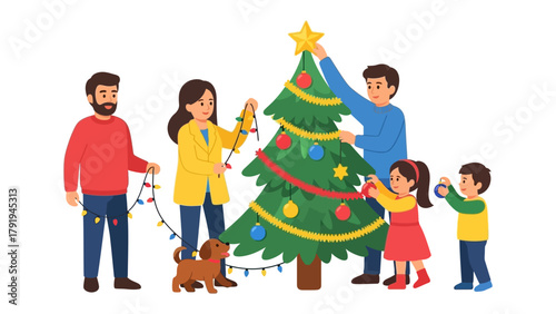 Festive Family Traditions: A family unit enthusiastically decorates a vibrant Christmas tree with colorful ornaments and cheerful lights, sharing a moment of togetherness and joyful anticipation.