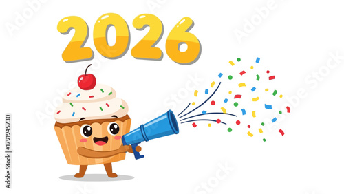Sweet Celebration: A cheerful cartoon cupcake heralds the arrival of 2026, showering colorful confetti in anticipation of a joyful year.
