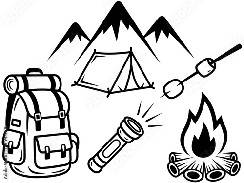 Camping gear, including a backpack, tent, flashlight, campfire, and marshmallows, is illustrated against a mountain backdrop.