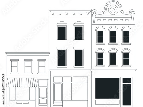 A row of diverse buildings with shops and apartments illustrates urban architecture.