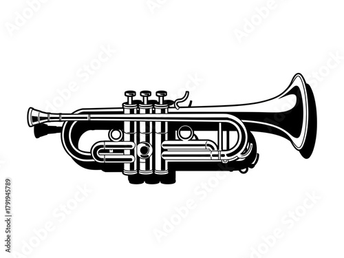 A classic trumpet is depicted in a black and white graphic illustration.