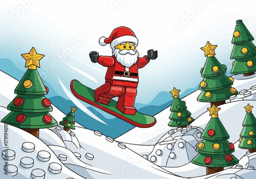 Santa Claus snowboarding down a snowy mountain slope.