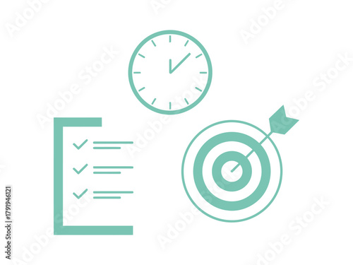 Clock, checklist, and target symbols represent time management and goal achievement.