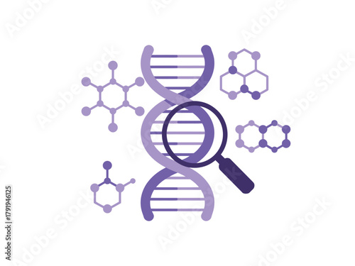 Magnifying glass examines DNA structure and molecular bonds.
