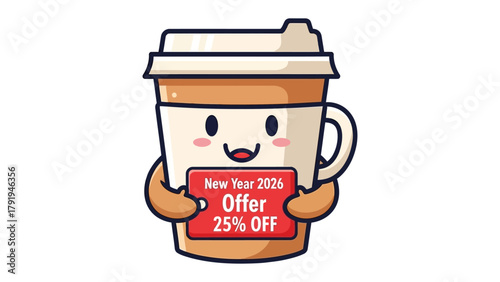 Cute Coffee Offer: An adorable cartoon coffee cup cheerfully presents a 25% OFF offer for the upcoming new year, perfectly capturing a blend of charm and celebratory spirit.