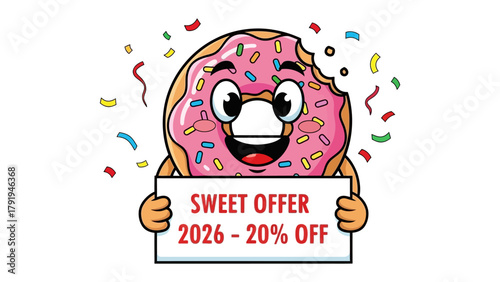 Sweet Offer Delight: An animated donut character joyfully presents a sign, advertising a sweet offer with vibrant confetti showering around.