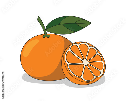 Whole orange and half orange with green leaf on white background