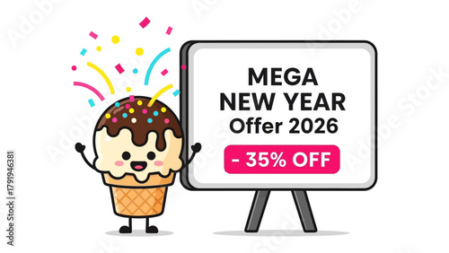 Mega New Year Offer with Mascot Ice Cream: An adorable ice cream mascot promotes a Mega New Year Offer 2026 with a generous discount, creating an atmosphere of festive joy and tempting sweetness.