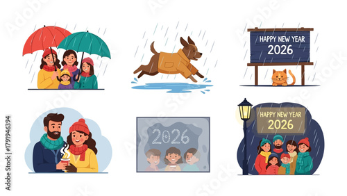 New Year in the rain: six scenes that represent family in the rain with 2026's words.