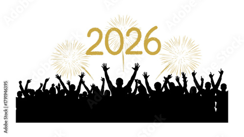 New Year's Eve Silhouette with Fireworks and Jubilation: a silhouette of excited individuals gathered against a backdrop of golden fireworks celebrating the arrival of the year 2026.