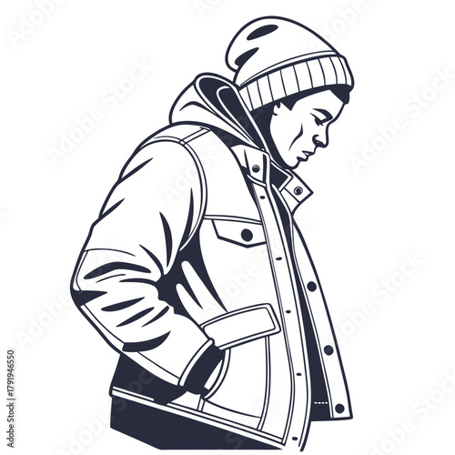 A man in a winter coat and beanie stands with his hand in his pocket