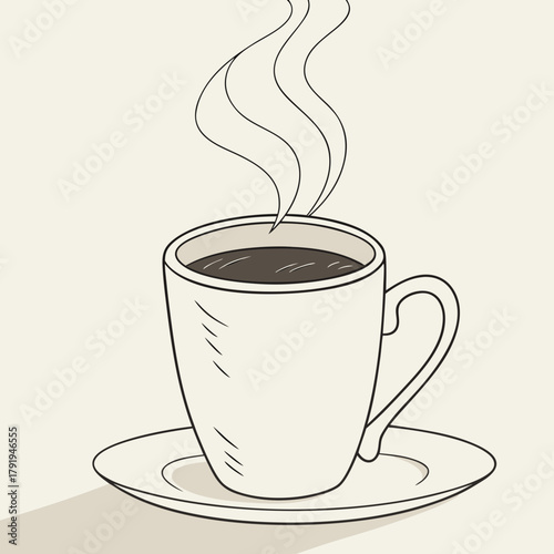 A steaming cup of coffee on a saucer with a light beige background