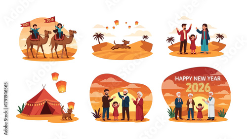 Celebration of 2026: A set of six vector illustrations capturing the spirit of a New Year, with various scenes celebrating family gatherings, and outdoor festivities. 