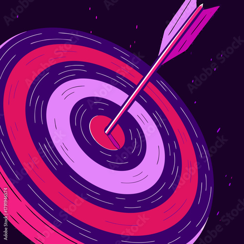 Abstract target with arrow in bullseye, vibrant colors on dark purple background